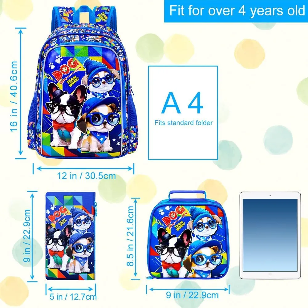 KLFVB 3PCS Boys Backpack, Water Resistant Kids Bookbag with Lunch Box, 16" Preschool Backpacks for Elementary - 3*dog Blue