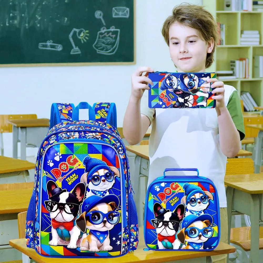 KLFVB 3PCS Boys Backpack, Water Resistant Kids Bookbag with Lunch Box, 16" Preschool Backpacks for Elementary - 3*dog Blue