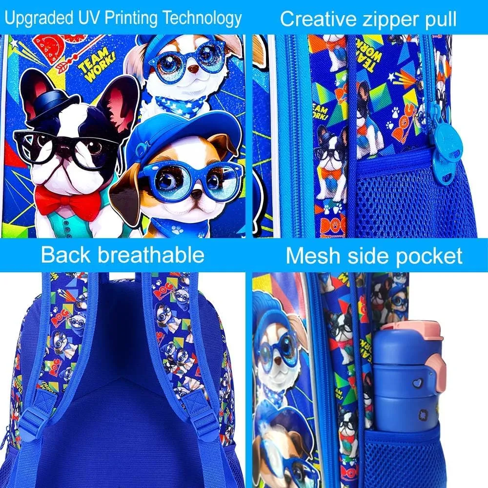 KLFVB 3PCS Boys Backpack, Water Resistant Kids Bookbag with Lunch Box, 16" Preschool Backpacks for Elementary - 3*dog Blue