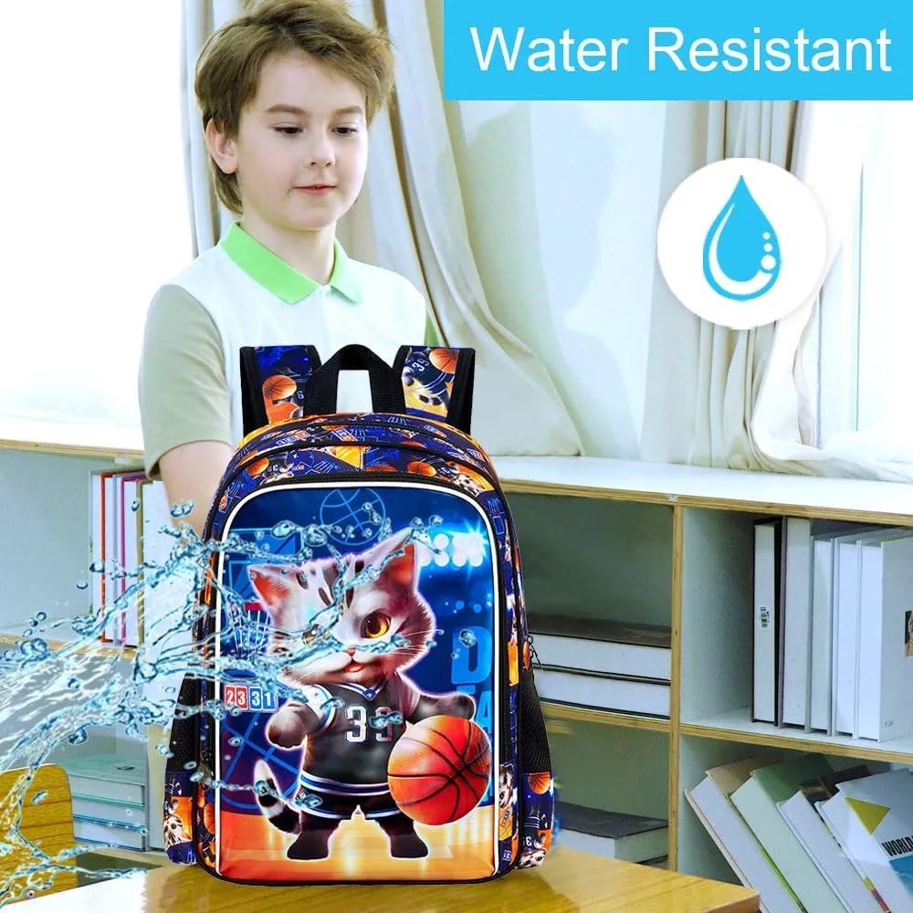 KLFVB 3PCS Boys Basketball Bookbag, Water Resistant Kids Cat Backpack with Lunch Box, 16" Preschool Backpacks for Elementary - Cat Basketball