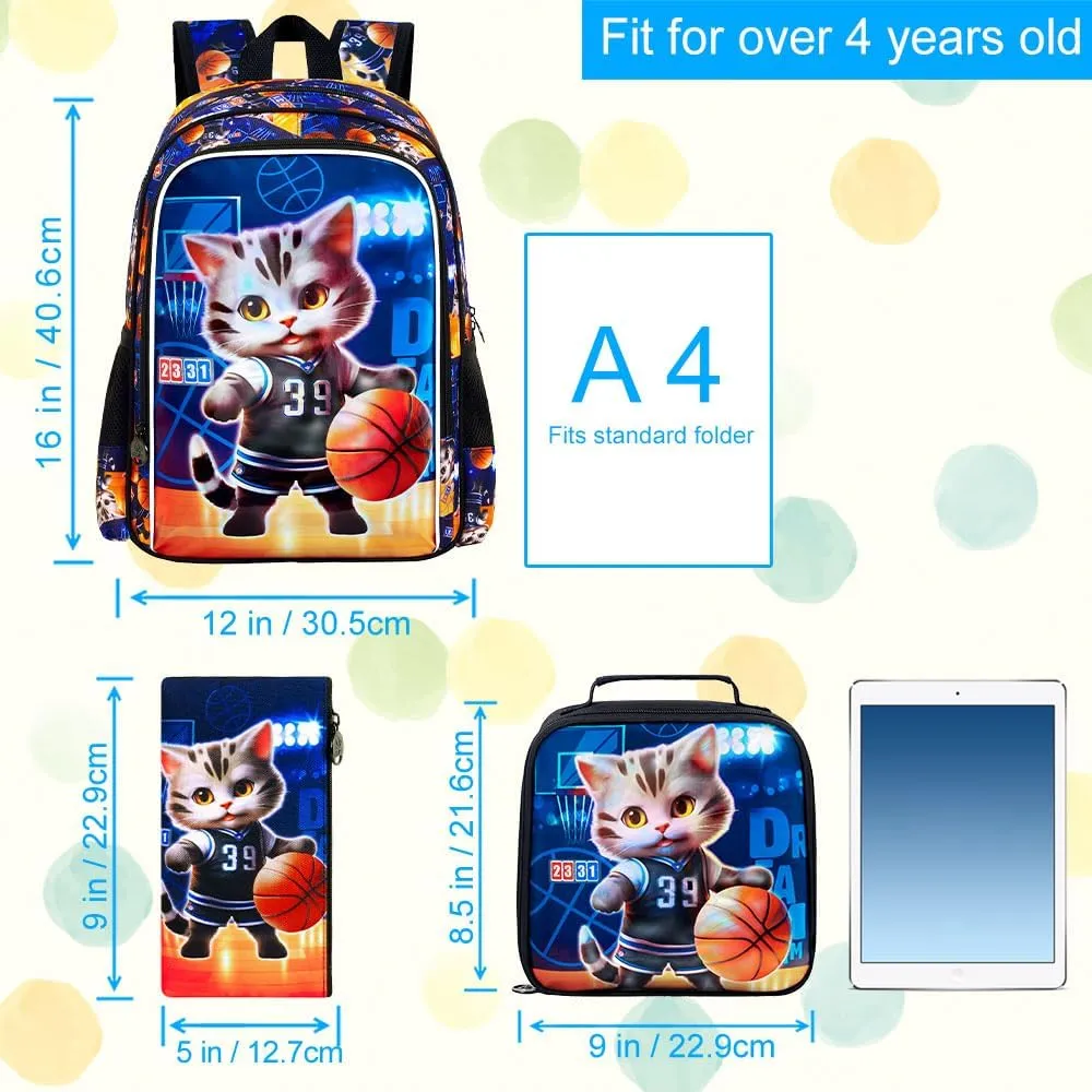 KLFVB 3PCS Boys Basketball Bookbag, Water Resistant Kids Cat Backpack with Lunch Box, 16" Preschool Backpacks for Elementary - Cat Basketball