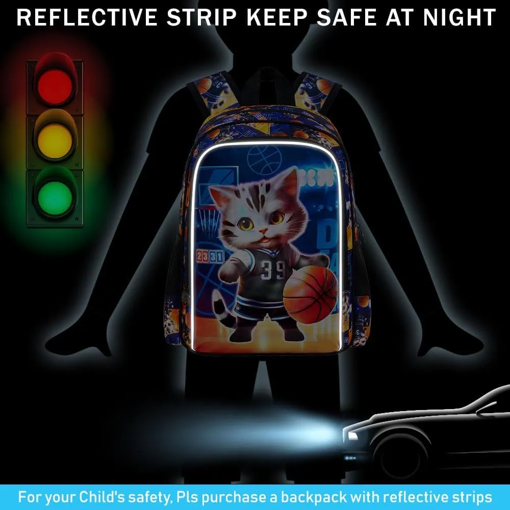 KLFVB 3PCS Boys Basketball Bookbag, Water Resistant Kids Cat Backpack with Lunch Box, 16" Preschool Backpacks for Elementary - Cat Basketball