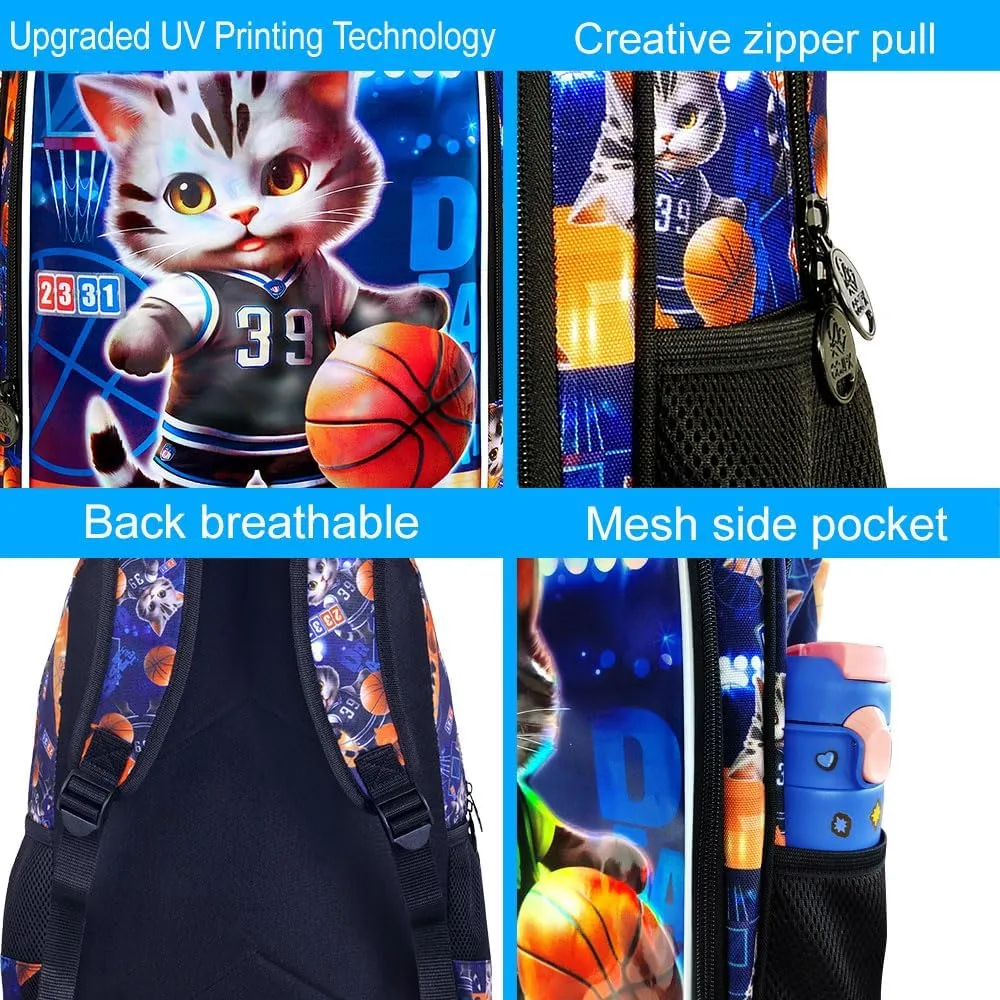 KLFVB 3PCS Boys Basketball Bookbag, Water Resistant Kids Cat Backpack with Lunch Box, 16" Preschool Backpacks for Elementary - Cat Basketball