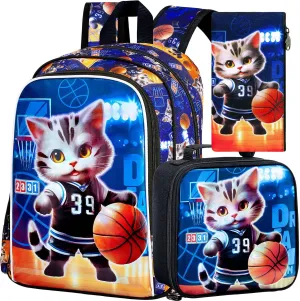 KLFVB 3PCS Boys Basketball Bookbag, Water Resistant Kids Cat Backpack with Lunch Box, 16" Preschool Backpacks for Elementary - Cat Basketball