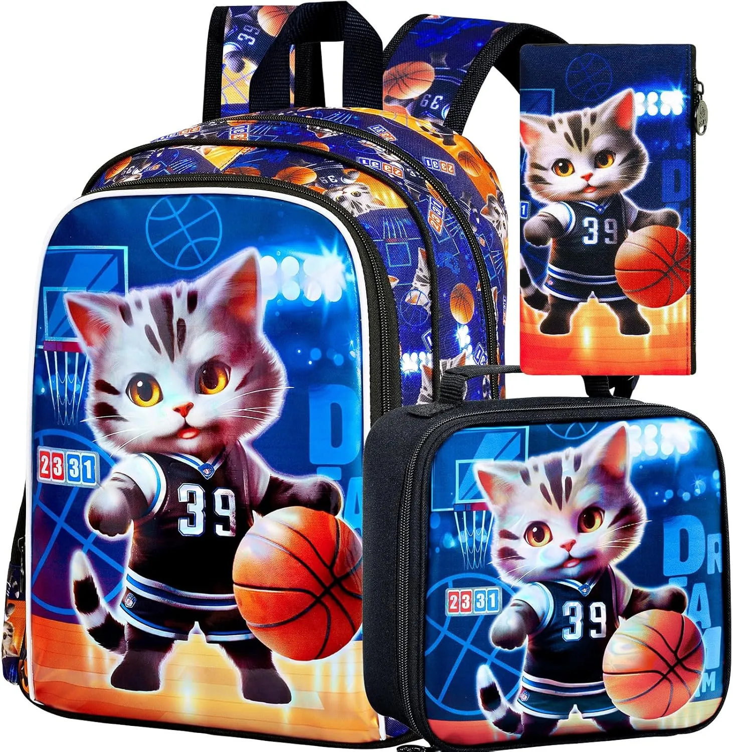 KLFVB 3PCS Boys Basketball Bookbag, Water Resistant Kids Cat Backpack with Lunch Box, 16" Preschool Backpacks for Elementary - Cat Basketball