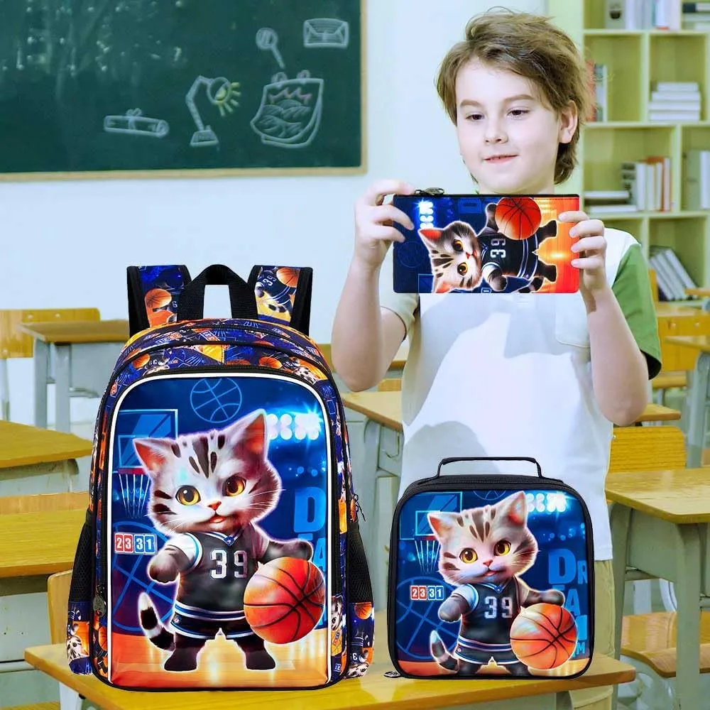 KLFVB 3PCS Boys Basketball Bookbag, Water Resistant Kids Cat Backpack with Lunch Box, 16" Preschool Backpacks for Elementary - Cat Basketball