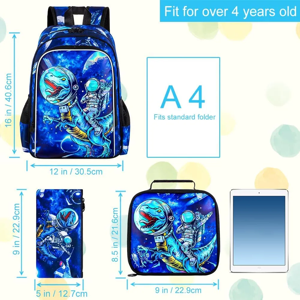 KLFVB 3PCS Dinosaur Backpack for Boys, 16" Kids Bookbag and Lunch Box, Preschool Backpacks for Elementary Students