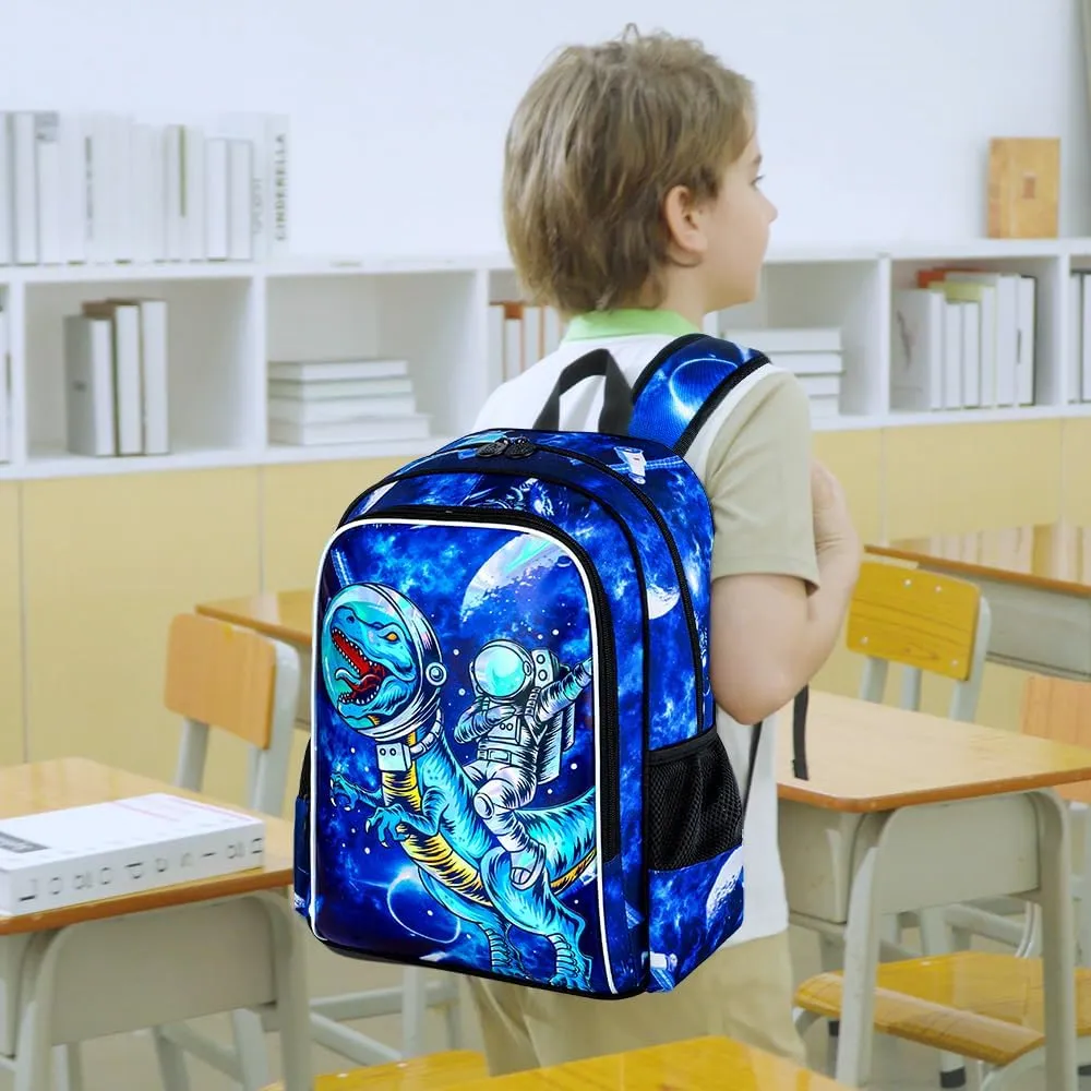 KLFVB 3PCS Dinosaur Backpack for Boys, 16" Kids Bookbag and Lunch Box, Preschool Backpacks for Elementary Students