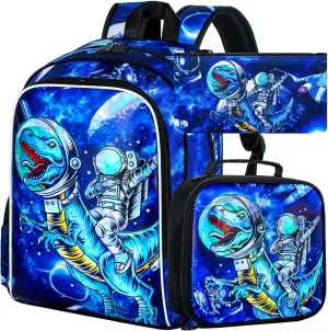 KLFVB 3PCS Dinosaur Backpack for Boys, 16" Kids Bookbag and Lunch Box, Preschool Backpacks for Elementary Students