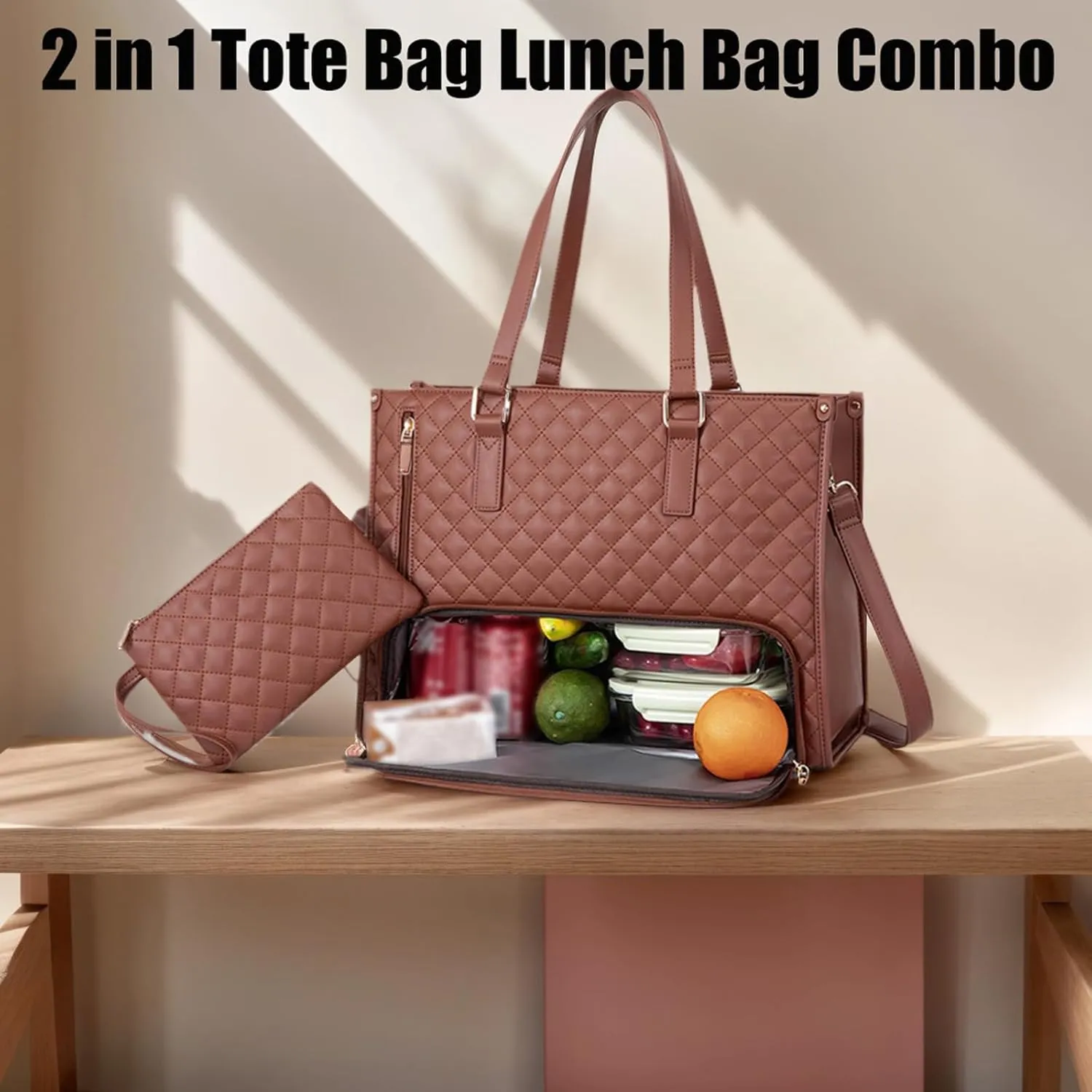 Kristie Leblanc Tote Bag, 2 in 1 Tote Lunch Bag Combo, 15.6 Inch Large Pu Laptop Bags with Insulated Lunch Compartment (Brown,One Size)