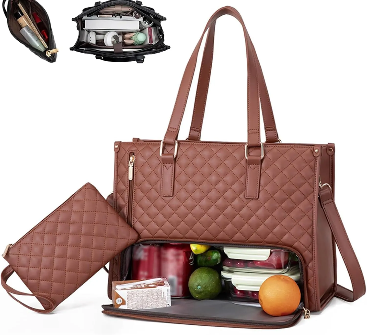 Kristie Leblanc Tote Bag, 2 in 1 Tote Lunch Bag Combo, 15.6 Inch Large Pu Laptop Bags with Insulated Lunch Compartment (Brown,One Size)