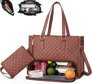 Kristie Leblanc Tote Bag, 2 in 1 Tote Lunch Bag Combo, 15.6 Inch Large Pu Laptop Bags with Insulated Lunch Compartment (Brown,One Size)