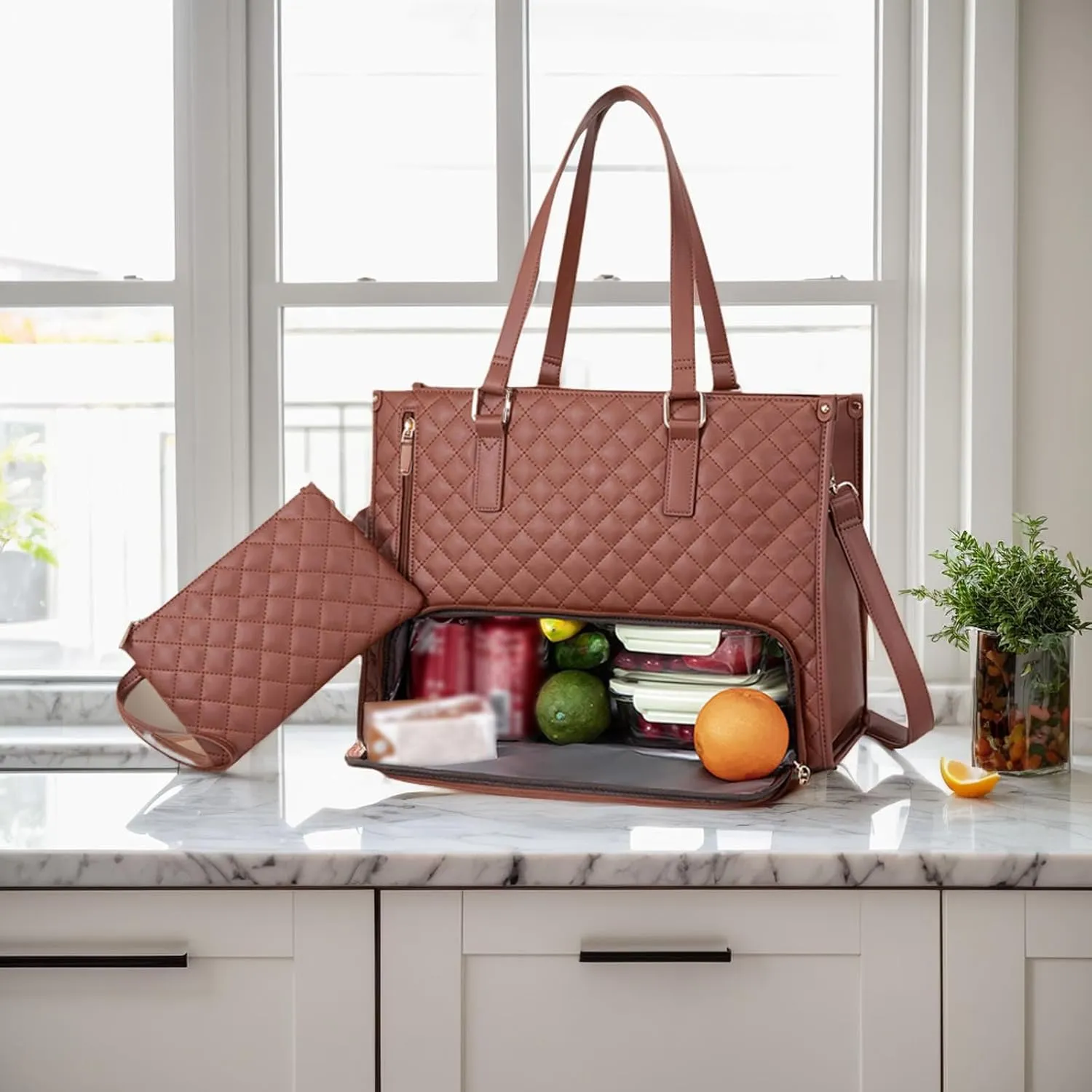 Kristie Leblanc Tote Bag, 2 in 1 Tote Lunch Bag Combo, 15.6 Inch Large Pu Laptop Bags with Insulated Lunch Compartment (Brown,One Size)