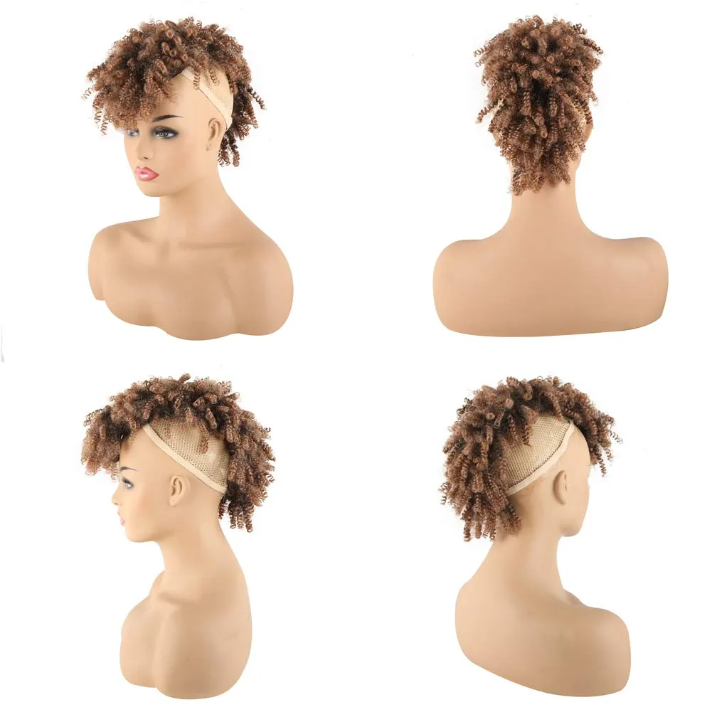 KRSI Afro High Puff Afro High Puff Hair Bun Ponytail Drawstring With Bangs Synthetic Jerry Curly Mohawk Kinkys Curly Fauxhawks Pony Tail Clip in on Wrap Updo Hair Extensions with six Clips (1B/27)