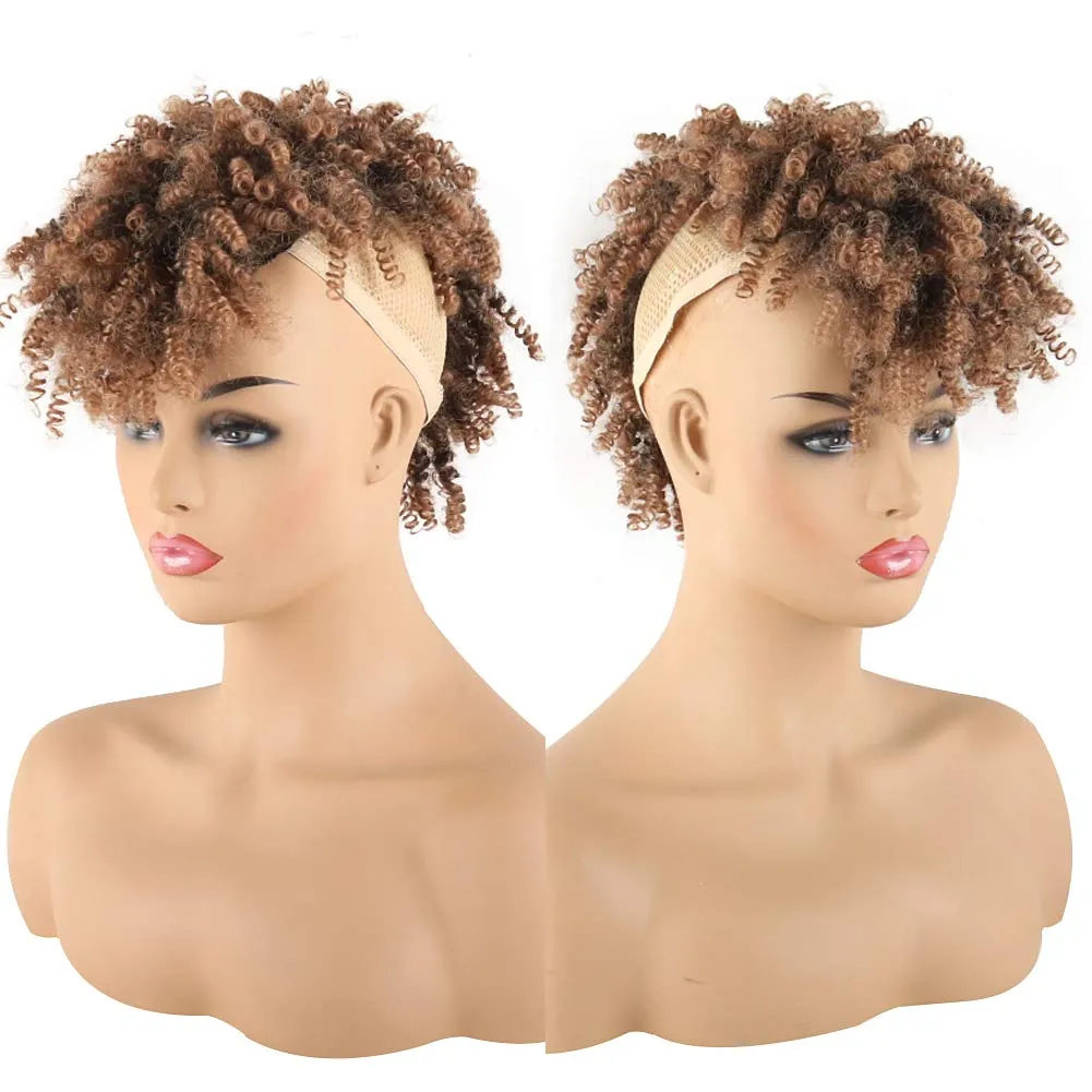 KRSI Afro High Puff Afro High Puff Hair Bun Ponytail Drawstring With Bangs Synthetic Jerry Curly Mohawk Kinkys Curly Fauxhawks Pony Tail Clip in on Wrap Updo Hair Extensions with six Clips (1B/27)