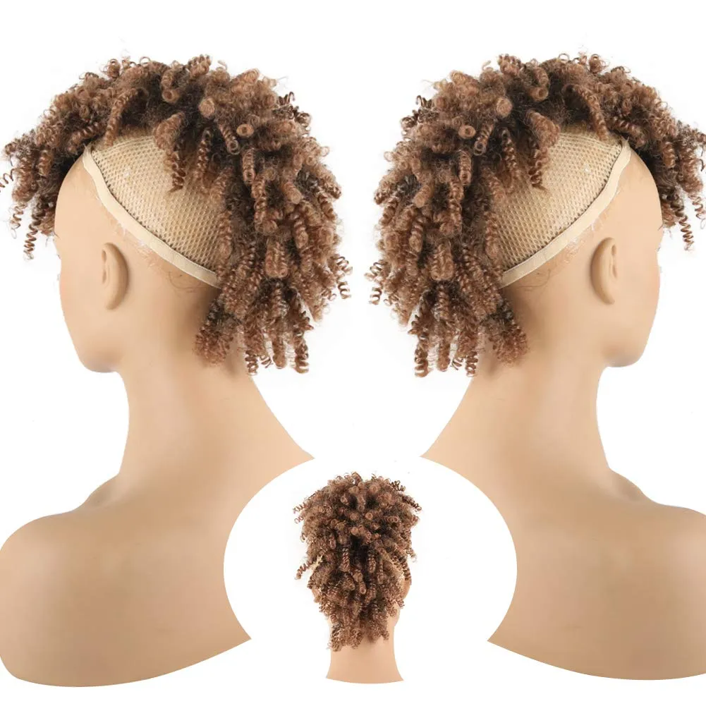 KRSI Afro High Puff Afro High Puff Hair Bun Ponytail Drawstring With Bangs Synthetic Jerry Curly Mohawk Kinkys Curly Fauxhawks Pony Tail Clip in on Wrap Updo Hair Extensions with six Clips (1B/27)