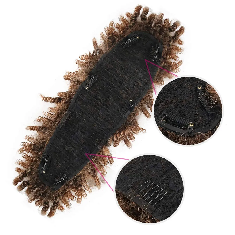 KRSI Afro High Puff Afro High Puff Hair Bun Ponytail Drawstring With Bangs Synthetic Jerry Curly Mohawk Kinkys Curly Fauxhawks Pony Tail Clip in on Wrap Updo Hair Extensions with six Clips (1B/27)