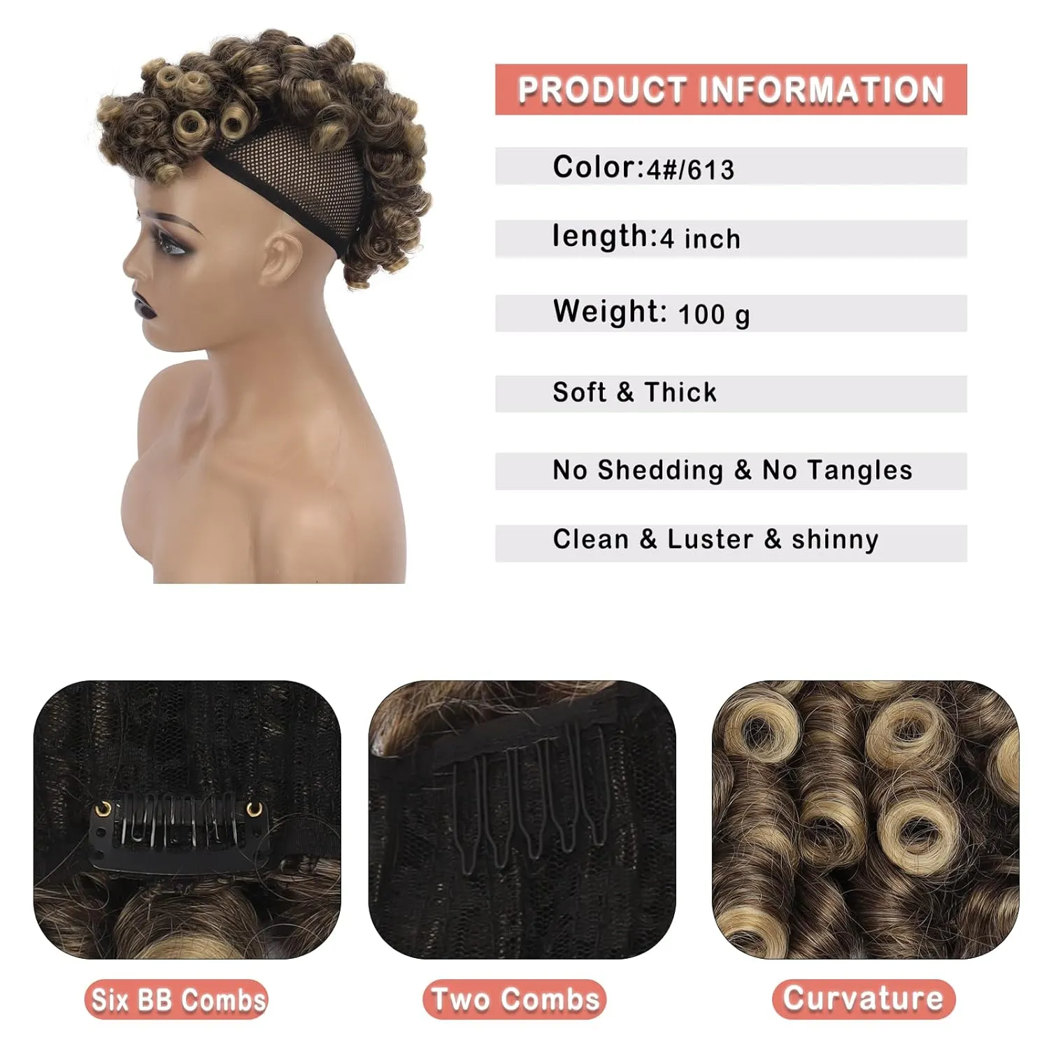 KRSI Deep Curly Black Mohawk Ponytail Wigs for Black Women,Afro Puff with Bangs Faux Mohawk Hair Piece Black Women Natural Black Clip in Mohawk Hair Wigs for Woman with 6 Clips (4/613)