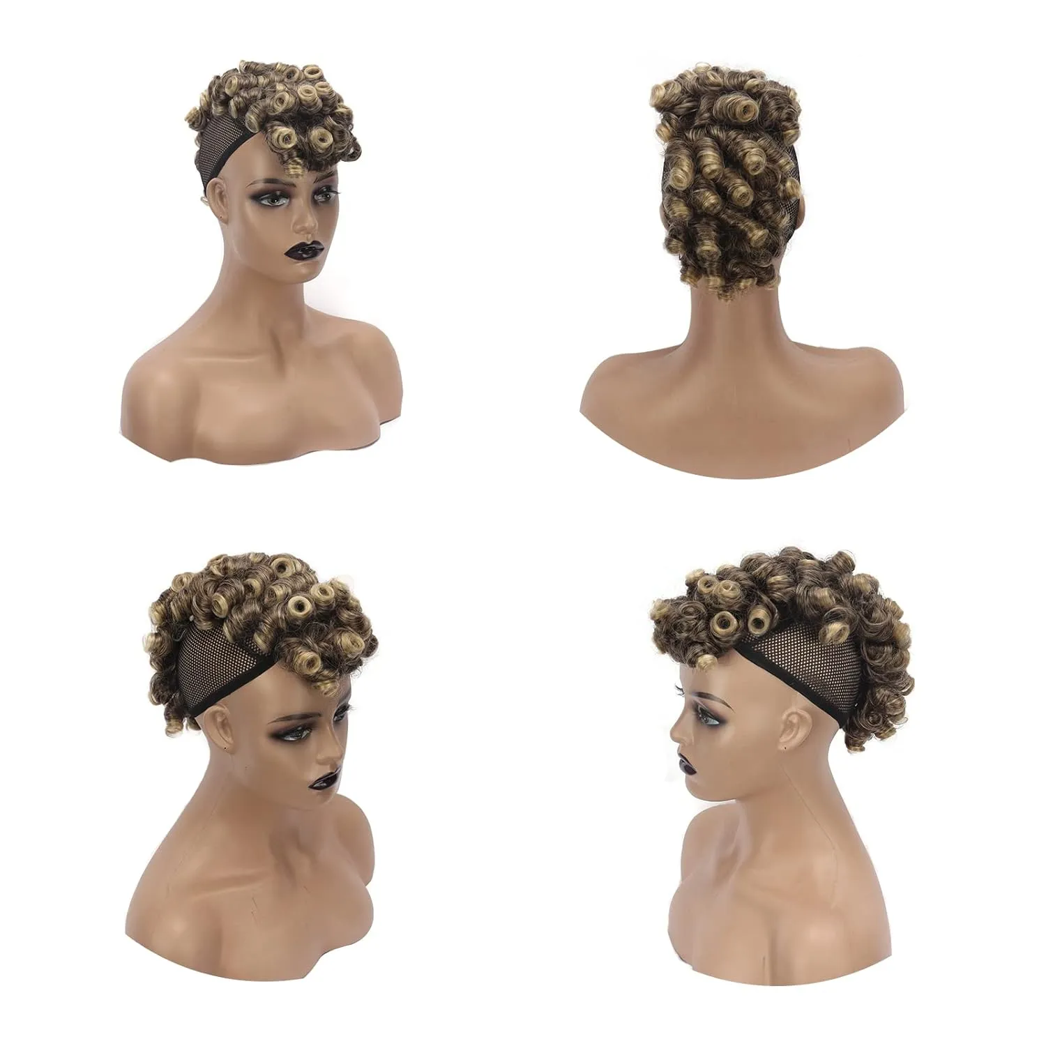 KRSI Deep Curly Black Mohawk Ponytail Wigs for Black Women,Afro Puff with Bangs Faux Mohawk Hair Piece Black Women Natural Black Clip in Mohawk Hair Wigs for Woman with 6 Clips (4/613)