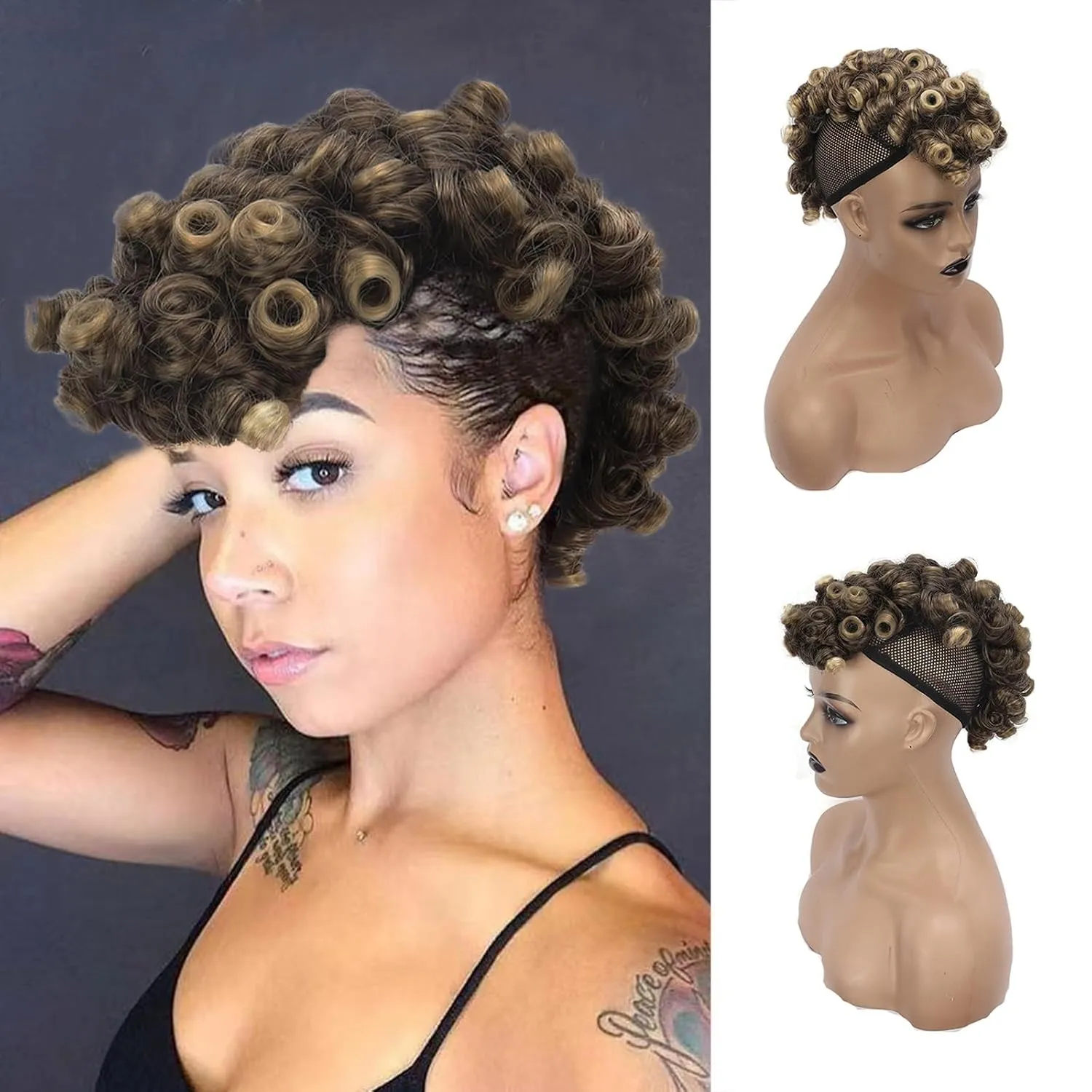 KRSI Deep Curly Black Mohawk Ponytail Wigs for Black Women,Afro Puff with Bangs Faux Mohawk Hair Piece Black Women Natural Black Clip in Mohawk Hair Wigs for Woman with 6 Clips (4/613)