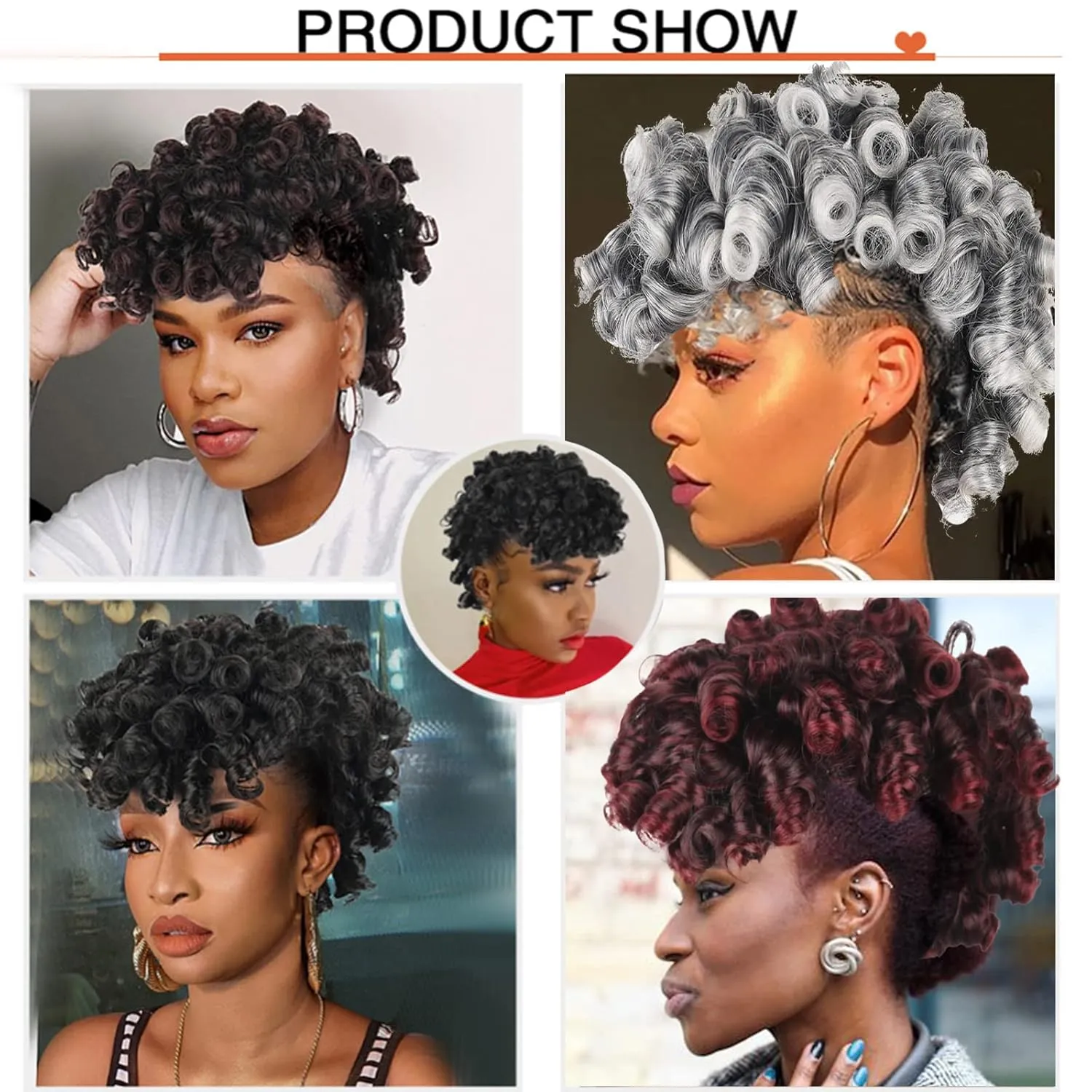 KRSI Deep Curly Black Mohawk Ponytail Wigs for Black Women,Afro Puff with Bangs Faux Mohawk Hair Piece Black Women Natural Black Clip in Mohawk Hair Wigs for Woman with 6 Clips (4/613)