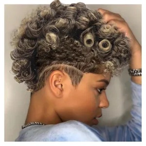 KRSI Deep Curly Black Mohawk Ponytail Wigs for Black Women,Afro Puff with Bangs Faux Mohawk Hair Piece Black Women Natural Black Clip in Mohawk Hair Wigs for Woman with 6 Clips (4/613)