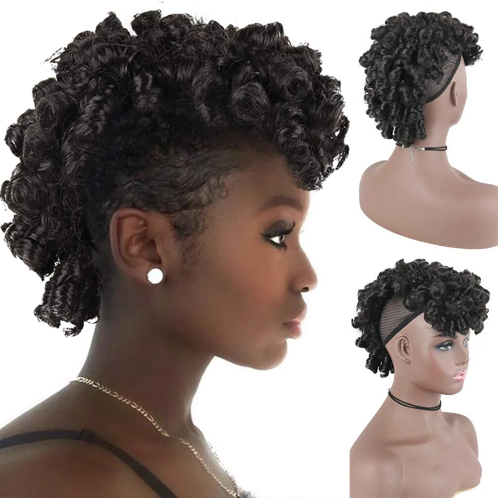 KRSI Deep Wave Curly Natural Black Mohawk Wigs for Black Woman, Half Up Half Down Curly Faux Mohawk Wig Hair Piece Black Women Afro Puff with Bangs Clip in Hair Extensions(2#)