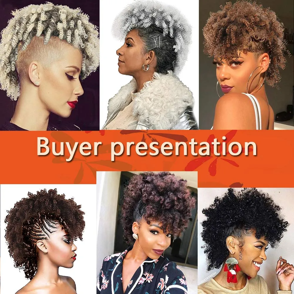 KRSI Grey Curly Mohawk Wig for Black Women - Coily Hair Ponytail With Bangs, Synthetic Clip-in Hair Bun, Kinky Curly Fauxhawk Puff Hair Piece (T1B/Gray)