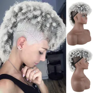 KRSI Grey Curly Mohawk Wig for Black Women - Coily Hair Ponytail With Bangs, Synthetic Clip-in Hair Bun, Kinky Curly Fauxhawk Puff Hair Piece (T1B/Gray)