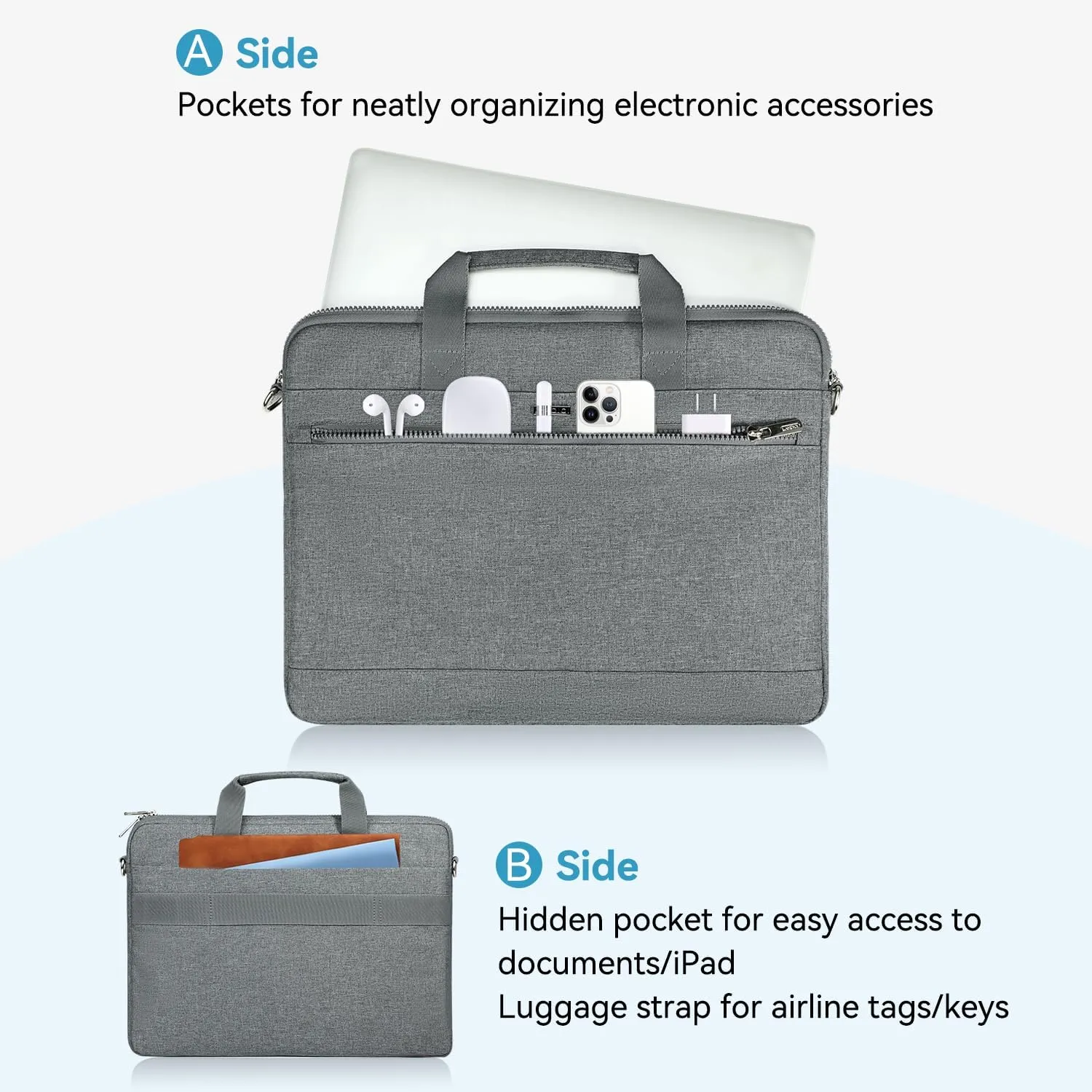 LANDICI 360° Protective Laptop Bag Case 14-15 Inch with Shoulder Strap & Handle, Waterproof Computer Sleeve Cover for MacBook Air/Pro 15, Chromebook 14, Slim Briefcase for Men Women, Grey
