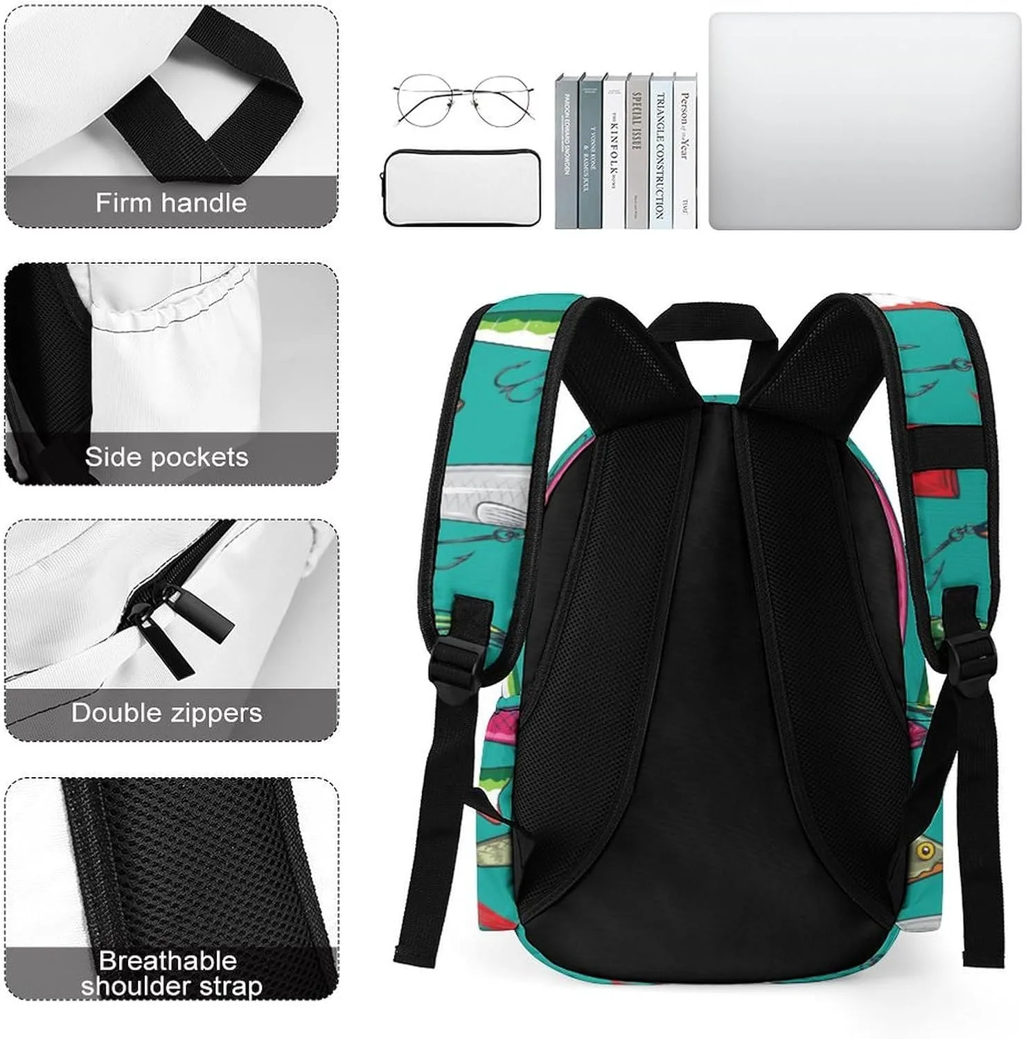 Laptop Backpack for Men Women Pop Colorful Fishing Lures Travel Work Backpack with Compartment Large Capacity Summer Daypack Business Work Bag