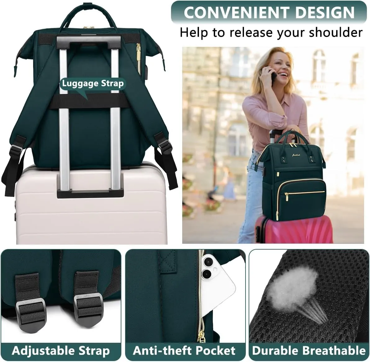 Laptop Backpack for Women Work Bags - 15.6 Inch Professional Womens Travel Backpack Purse Computer Laptop Bag Nurse Teacher Backpack Waterproof Carry on Back Pack with USB Port Dark Green