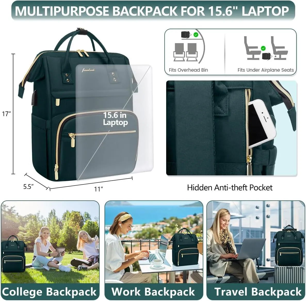 Laptop Backpack for Women Work Bags - 15.6 Inch Professional Womens Travel Backpack Purse Computer Laptop Bag Nurse Teacher Backpack Waterproof Carry on Back Pack with USB Port Dark Green