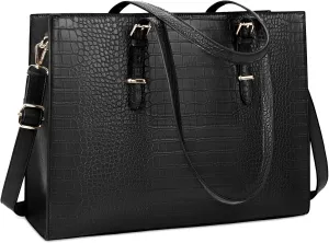 Laptop Bag for Women 15.6 Inch Laptop Tote Bag Leather Classy Computer Briefcase for Work Waterproof Handbag Professional Shoulder Bag Women Business Office Bag Large Capacity Black