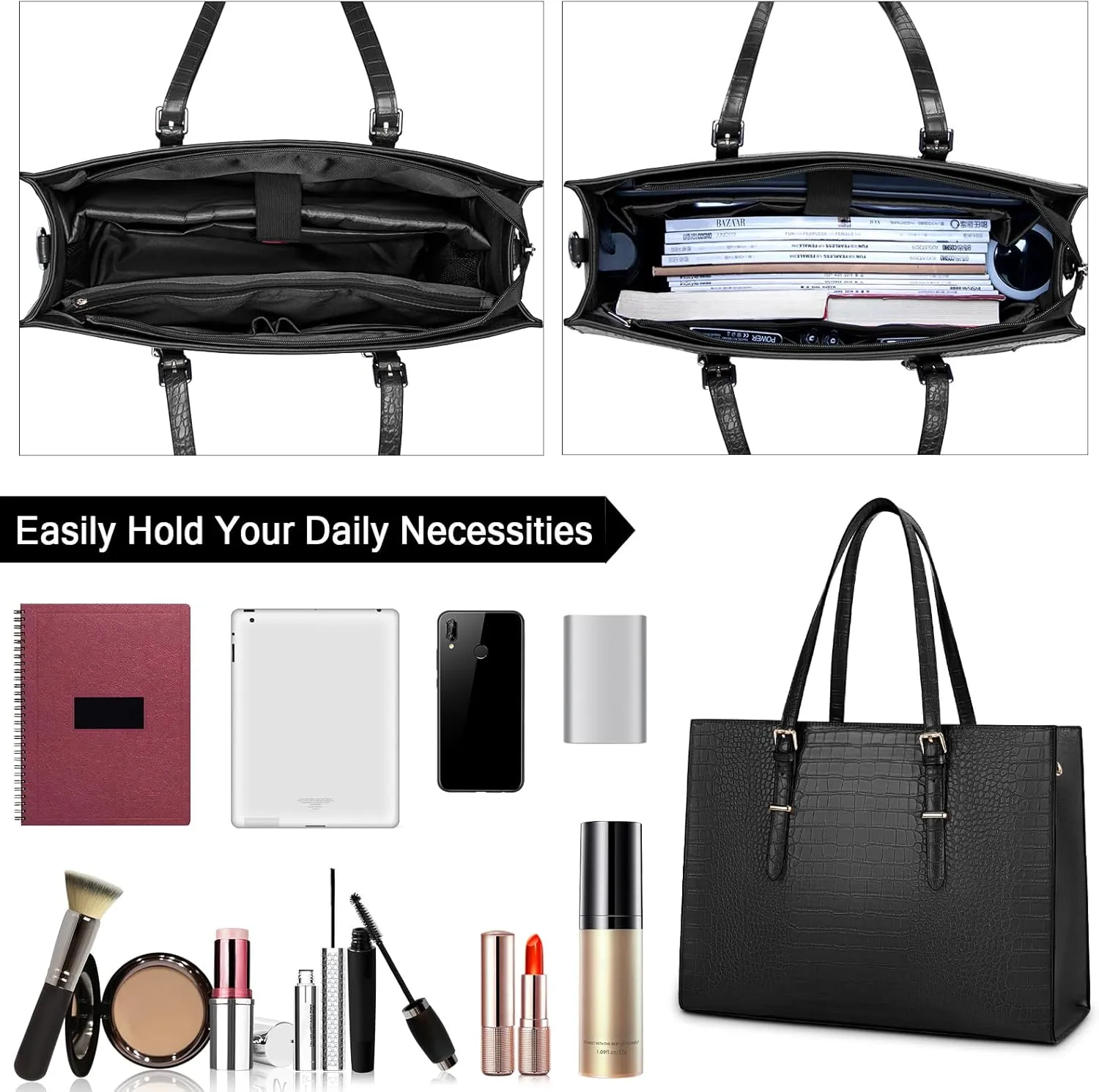 Laptop Bag for Women 15.6 Inch Laptop Tote Bag Leather Classy Computer Briefcase for Work Waterproof Handbag Professional Shoulder Bag Women Business Office Bag Large Capacity Black