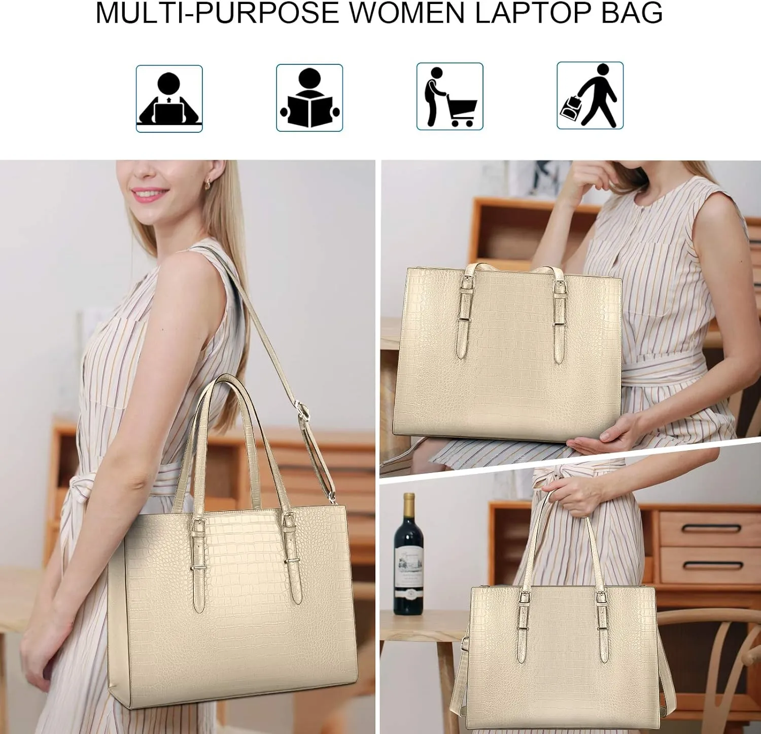 Laptop Bag for Women 15.6 Inch Laptop Tote Bag Leather Classy Computer Briefcase for Work Waterproof Handbag Professional Shoulder Bag Women Business Office Bag Large Capacity