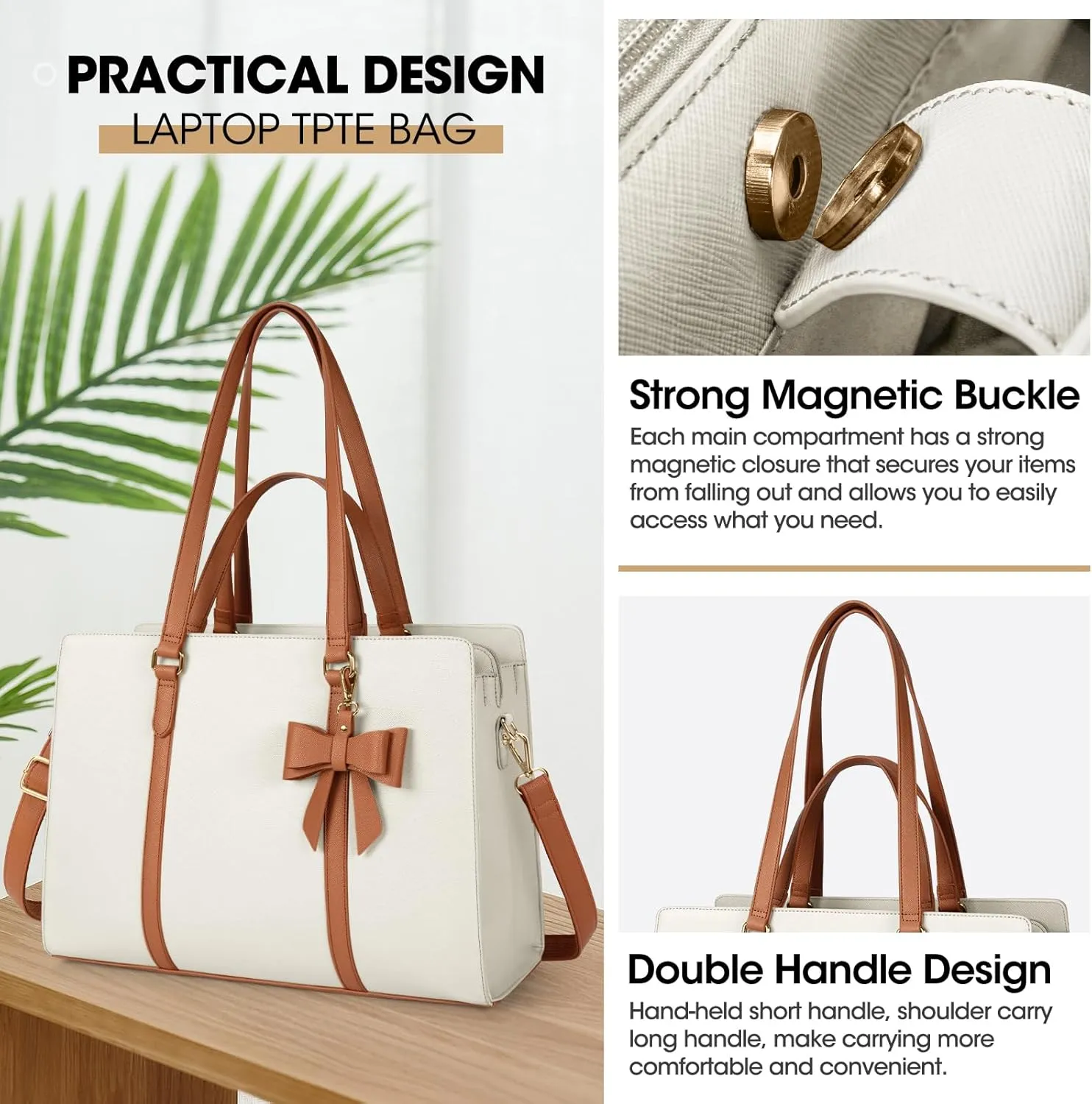 Laptop Bag for Women 15.6 inch Laptop Tote Bag Waterproof Leather Computer Bag Large Lightweight Briefcase Professional Business Office Work Bag, Beige Brown