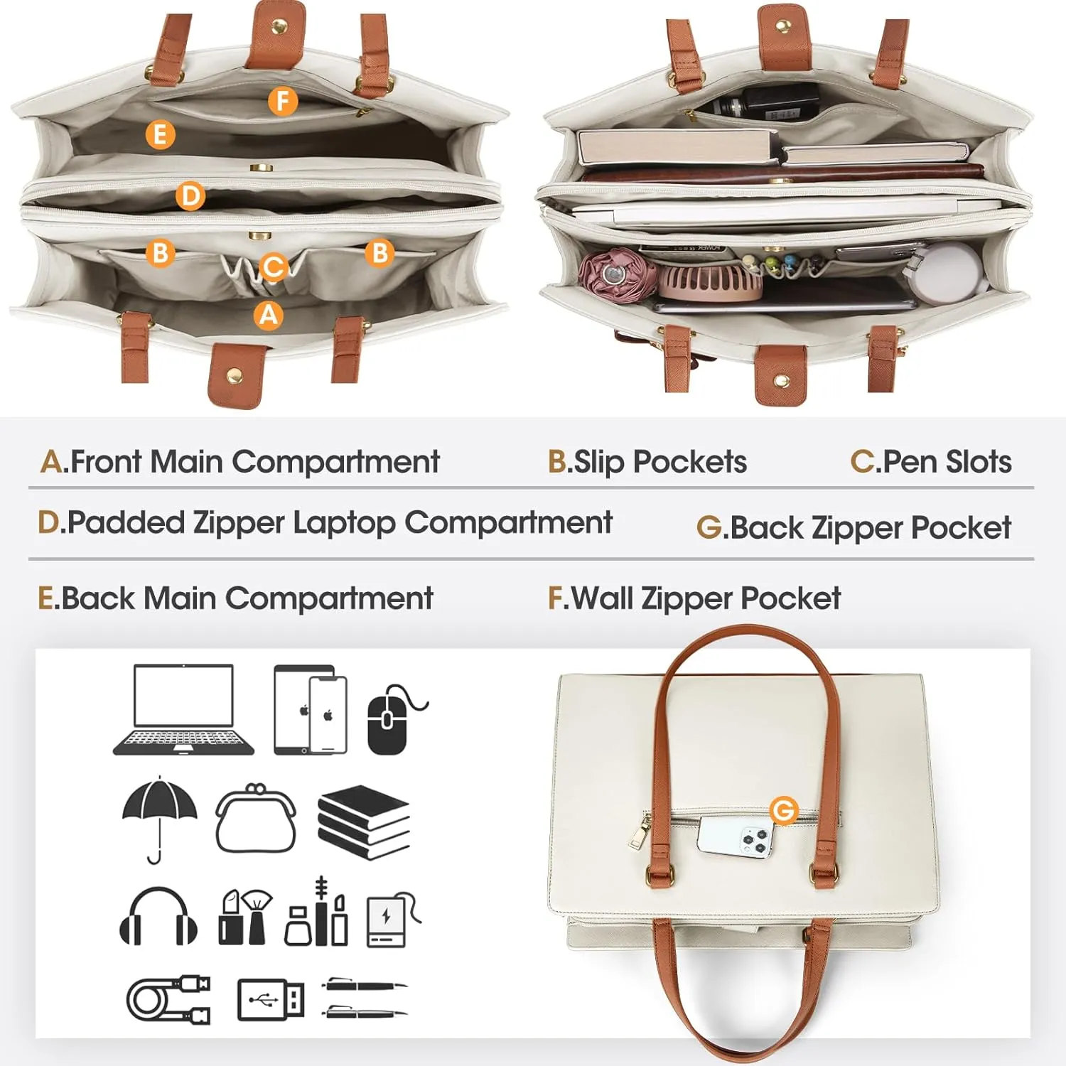 Laptop Bag for Women 15.6 inch Laptop Tote Bag Waterproof Leather Computer Bag Large Lightweight Briefcase Professional Business Office Work Bag, Beige Brown