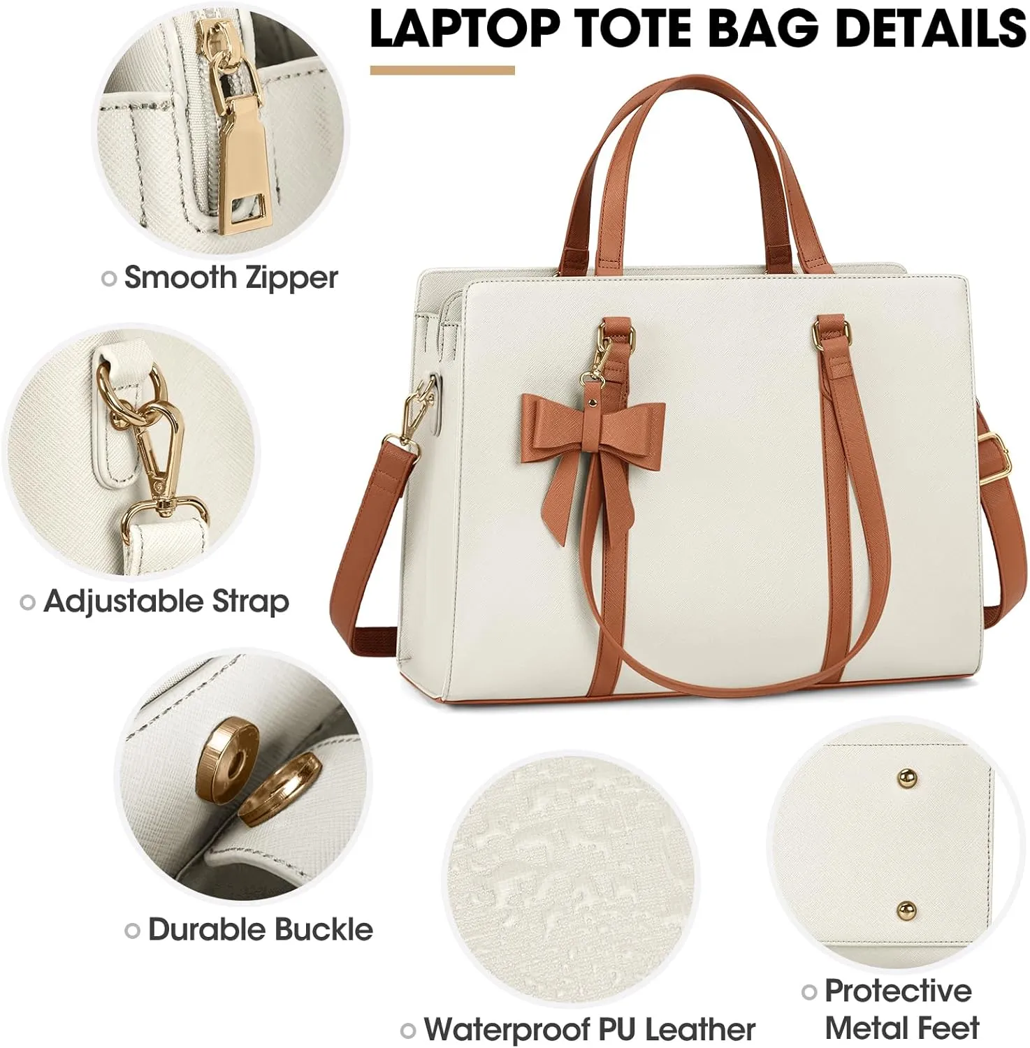 Laptop Bag for Women 15.6 inch Laptop Tote Bag Waterproof Leather Computer Bag Large Lightweight Briefcase Professional Business Office Work Bag, Beige Brown