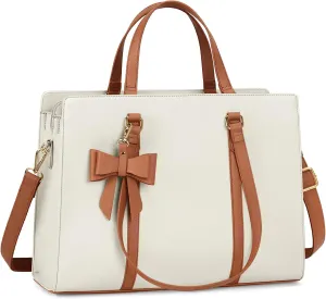 Laptop Bag for Women 15.6 inch Laptop Tote Bag Waterproof Leather Computer Bag Large Lightweight Briefcase Professional Business Office Work Bag, Beige Brown