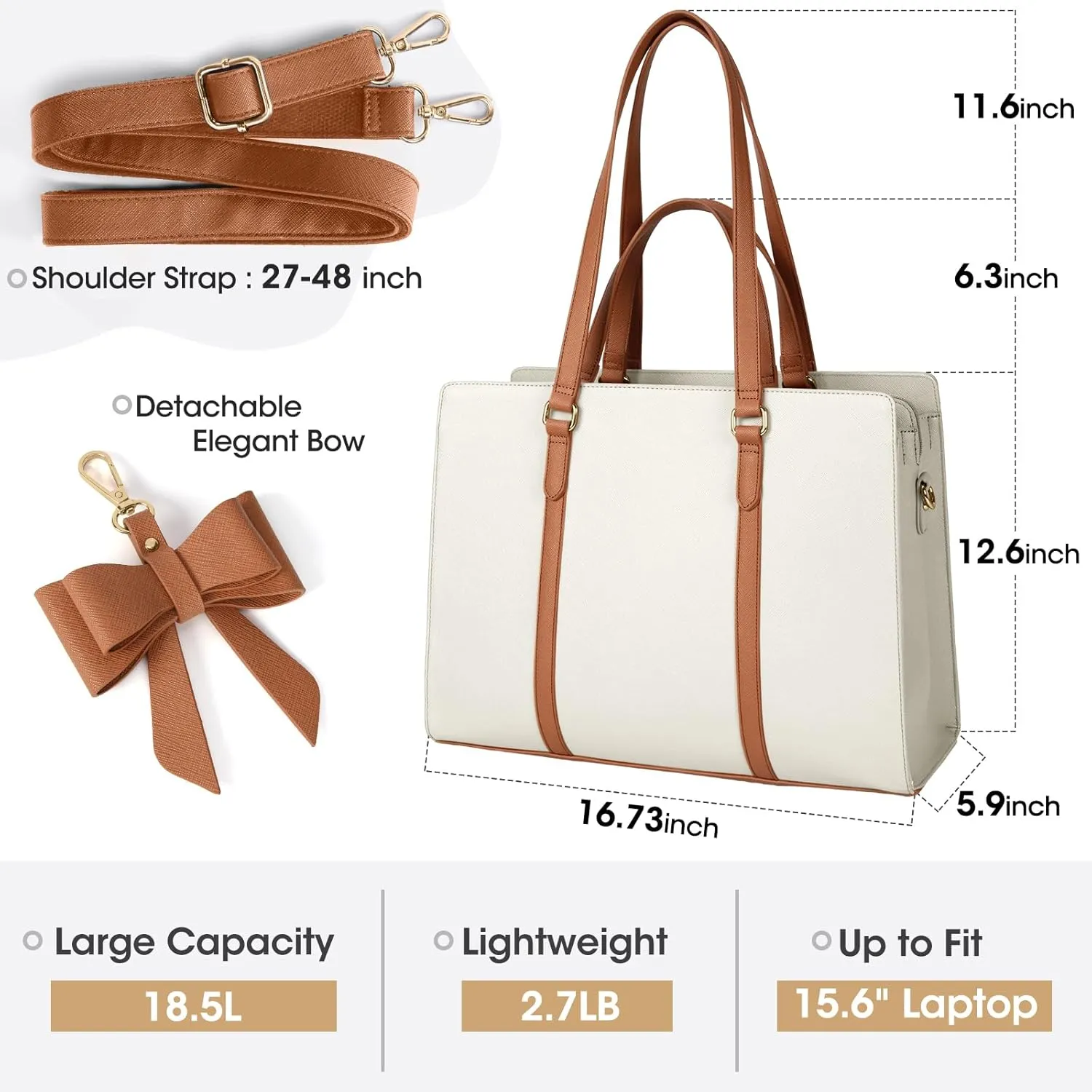 Laptop Bag for Women 15.6 inch Laptop Tote Bag Waterproof Leather Computer Bag Large Lightweight Briefcase Professional Business Office Work Bag, Beige Brown