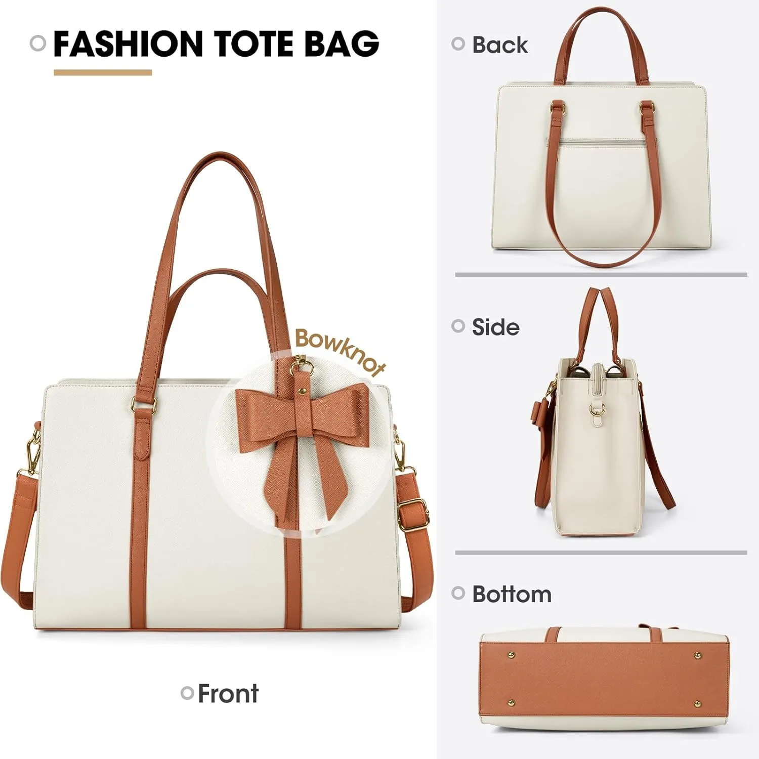 Laptop Bag for Women 15.6 inch Laptop Tote Bag Waterproof Leather Computer Bag Large Lightweight Briefcase Professional Business Office Work Bag, Beige Brown