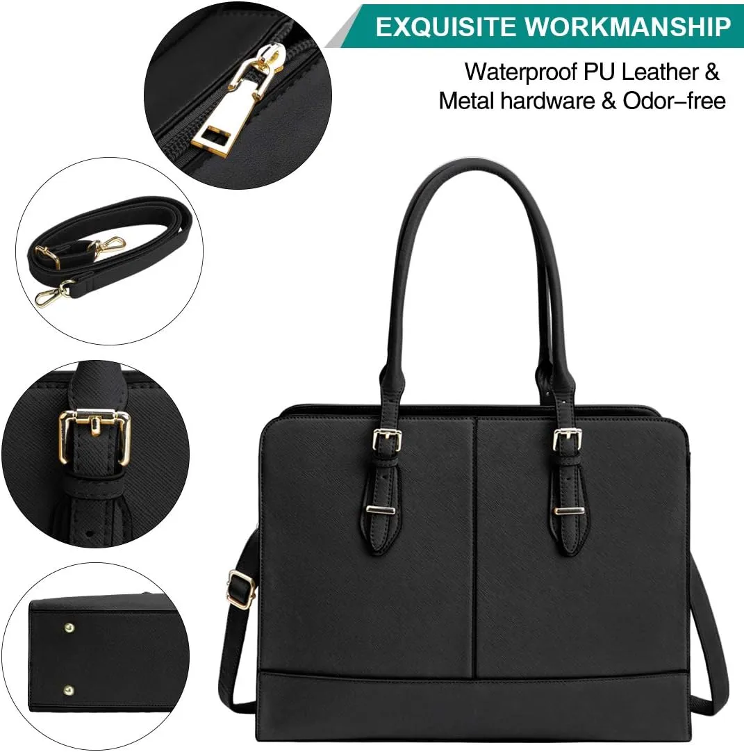 Laptop Bag for Women Leather Work Tote 15.6 Inch Laptop for Computer Bag Waterproof Business Office Professional Large Capacity Handbag Shoulder Bag Black