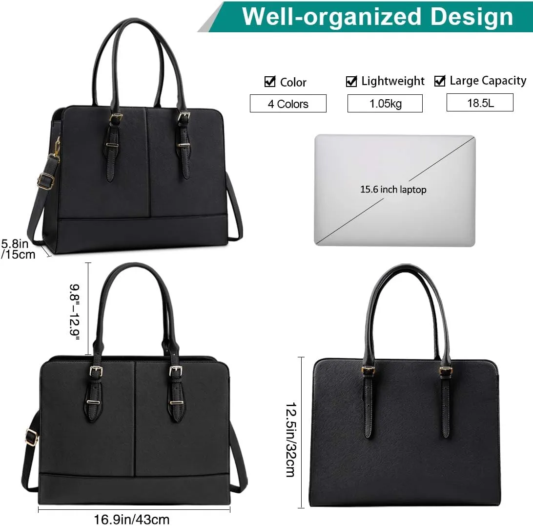 Laptop Bag for Women Leather Work Tote 15.6 Inch Laptop for Computer Bag Waterproof Business Office Professional Large Capacity Handbag Shoulder Bag Black