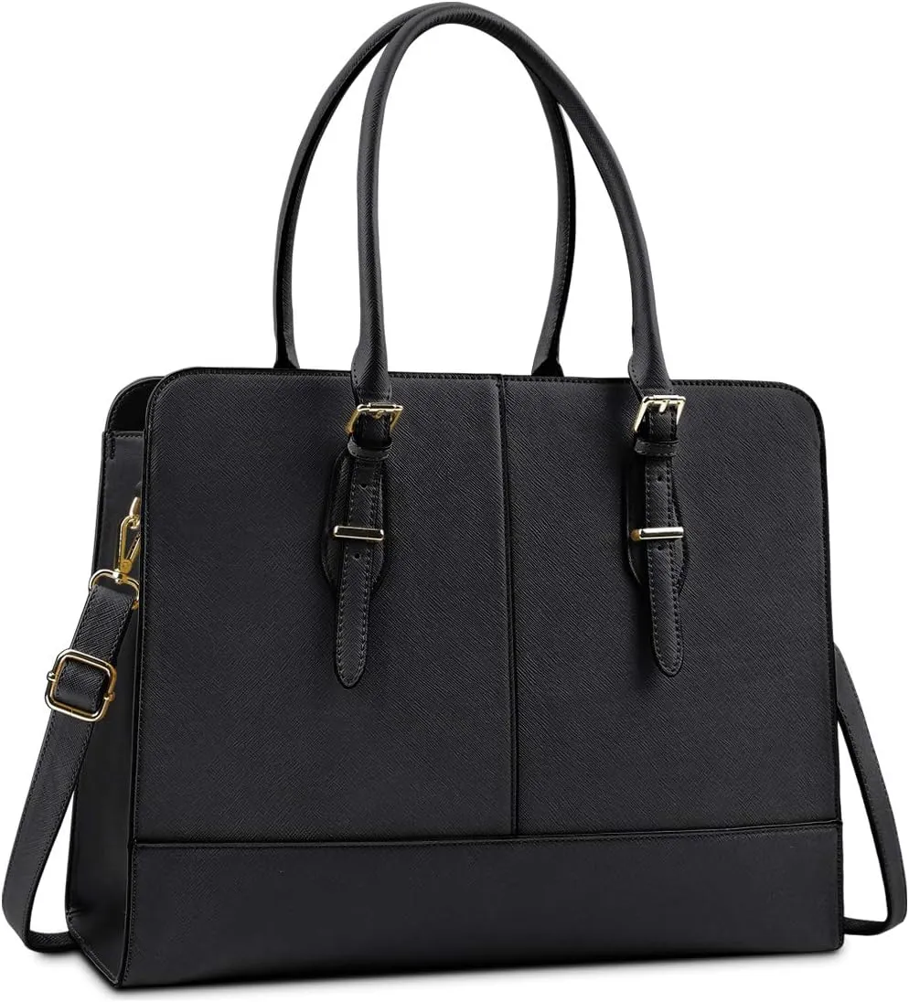 Laptop Bag for Women Leather Work Tote 15.6 Inch Laptop for Computer Bag Waterproof Business Office Professional Large Capacity Handbag Shoulder Bag Black