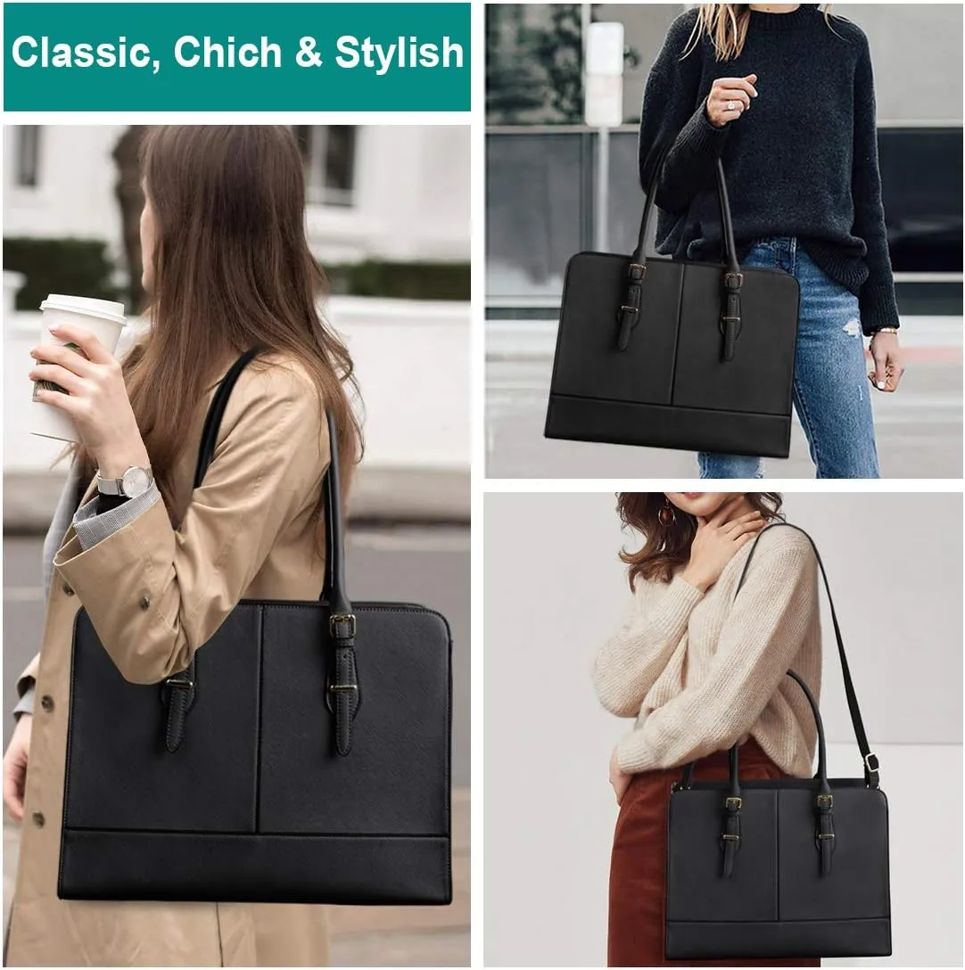 Laptop Bag for Women Leather Work Tote 15.6 Inch Laptop for Computer Bag Waterproof Business Office Professional Large Capacity Handbag Shoulder Bag Black