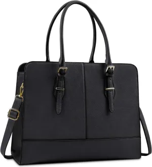 Laptop Bag for Women Leather Work Tote 15.6 Inch Laptop for Computer Bag Waterproof Business Office Professional Large Capacity Handbag Shoulder Bag Black