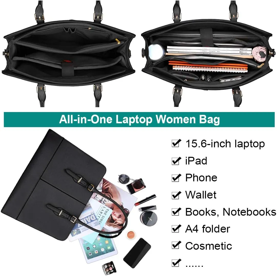 Laptop Bag for Women Leather Work Tote 15.6 Inch Laptop for Computer Bag Waterproof Business Office Professional Large Capacity Handbag Shoulder Bag Black