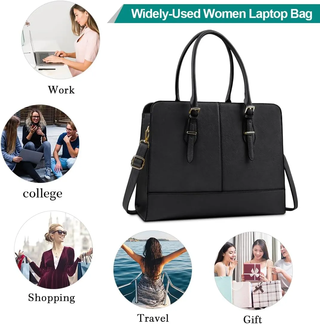 Laptop Bag for Women Leather Work Tote 15.6 Inch Laptop for Computer Bag Waterproof Business Office Professional Large Capacity Handbag Shoulder Bag Black