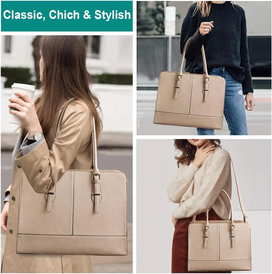 Laptop Bag for Women Leather Work Tote 15.6 Inch Laptop for Computer Bag Waterproof Business Office Professional Large Capacity Handbag Shoulder Bag khaki